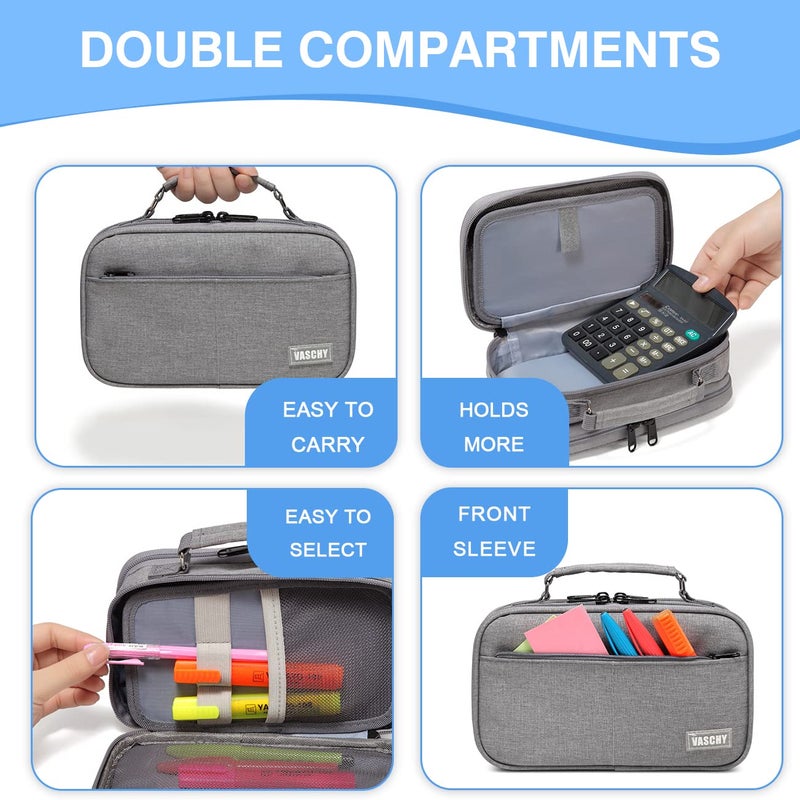 VASCHY Pencil Case, Large Pencil Pouch with Compartments for Middle School,Work,Office Pen Organizer Holder School Supply Gray - Image 5
